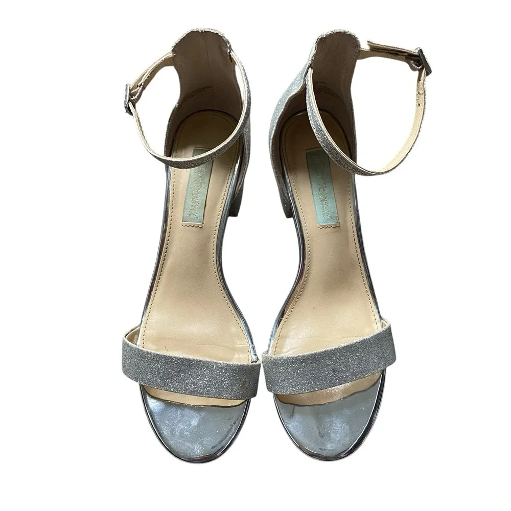 Betsey Johnson Miri Pumps 7.5 Silver Glitter Block Heel Ankle Straps Party Prom